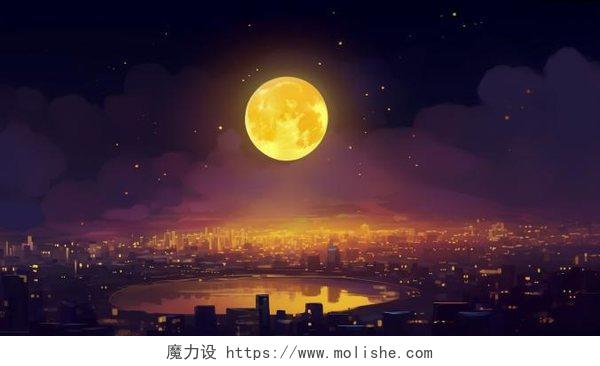 中秋满月夜晚月亮在城市上空唯美意境插画夜景夜空背景桌面壁纸